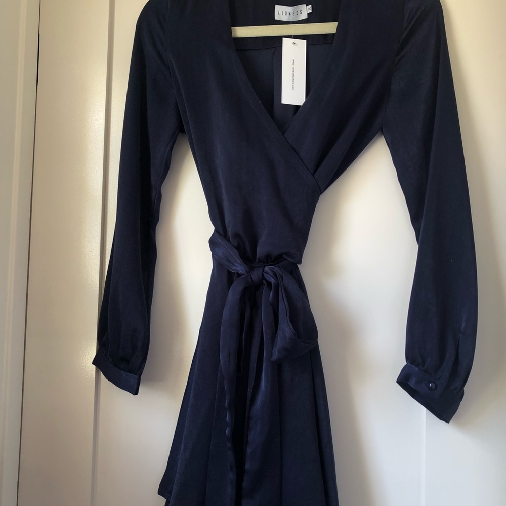 LIONESS OFFICIAL NAVY SILK WRAP DRESS